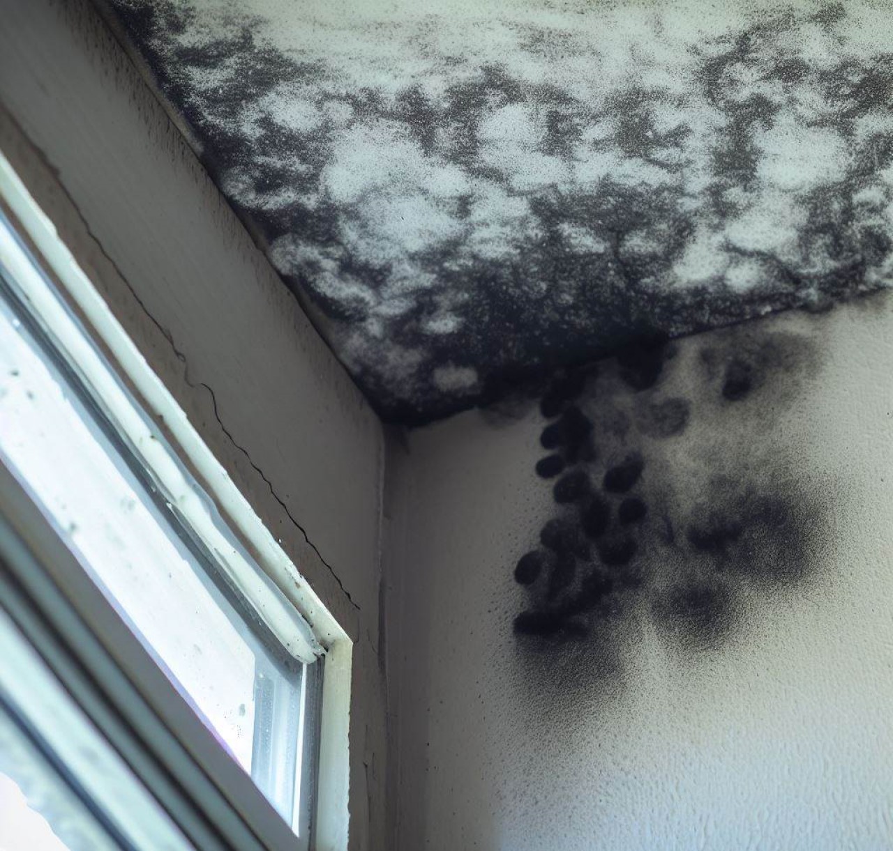 La pared está cubierta de moho proximo al techo y a una ventana