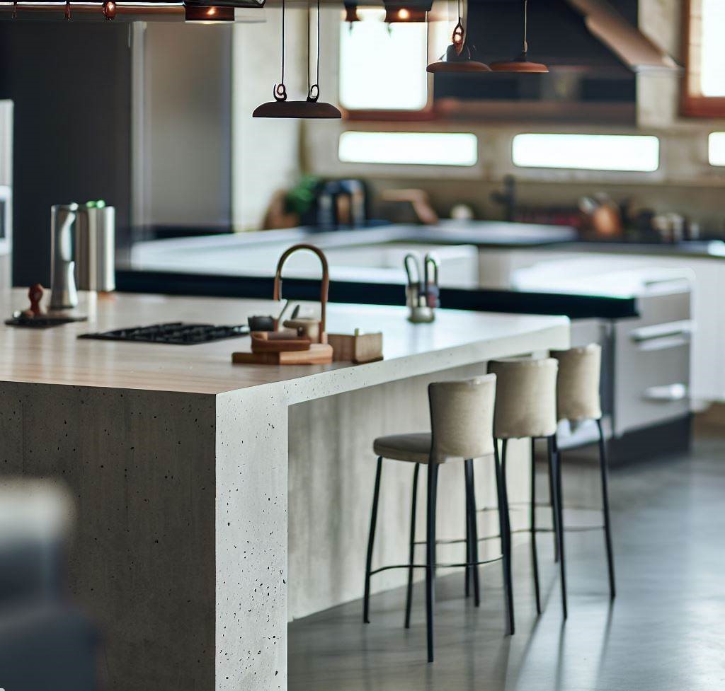Encimera de hormigón con un aspecto moderno e industrial, que destaca su diseño personalizado, durabilidad y perfecta integración con el diseño de la cocina