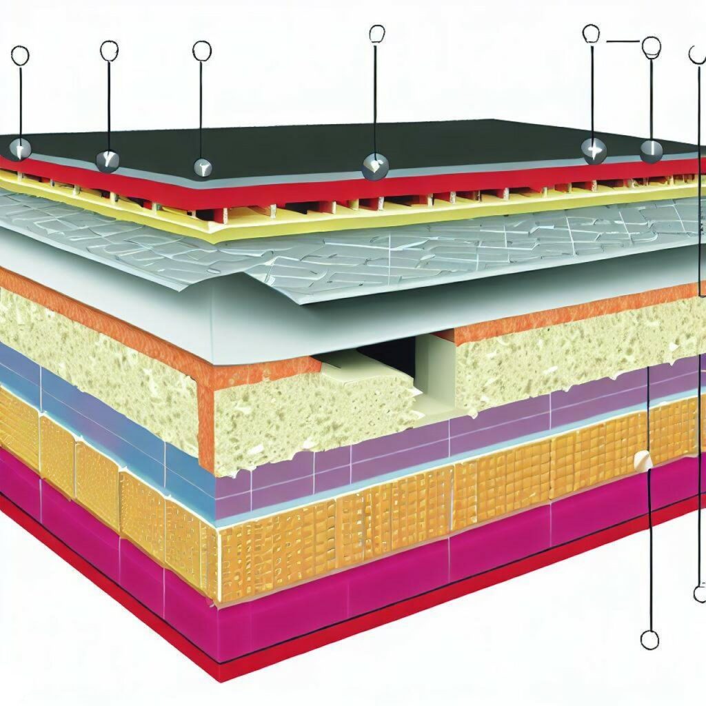 Diagrama de una sección de un techo insonorizado mostrando los distintos componentes aislantes