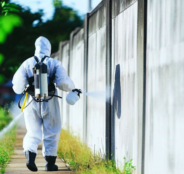 Hombre camina adyacente a una pared con traje de fumigacion