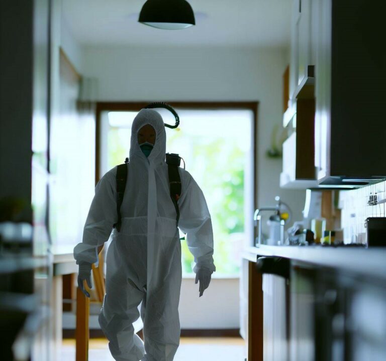 Hombre camina en la cocina de la casa con traje de fumigacion