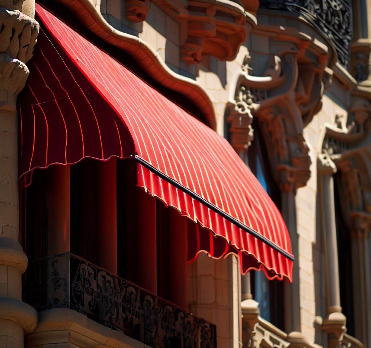 Toldo rojo un edificio histórico en Barcelona