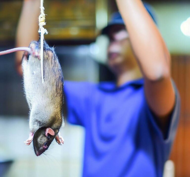 personal de control de plagas cuelga de la cola una rata